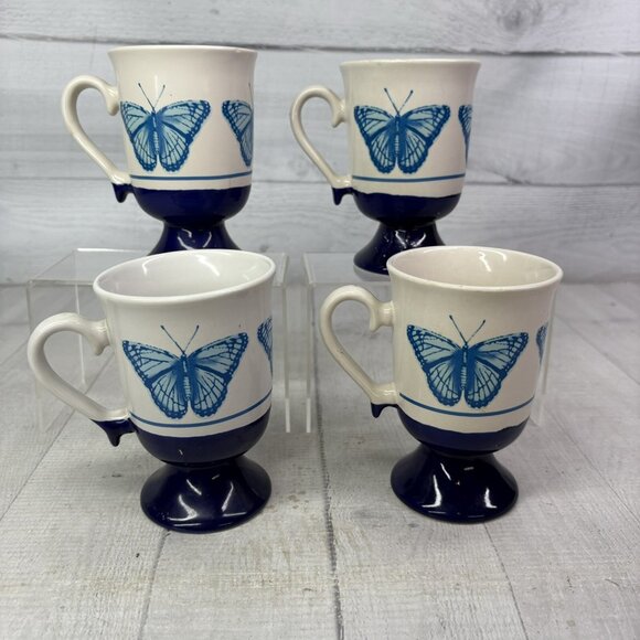 Vintage BUTTERFLY Cobalt Blue White Pedestal Ceramic 10oz Irish Coffee Mug Set 4 - Picture 5 of 16